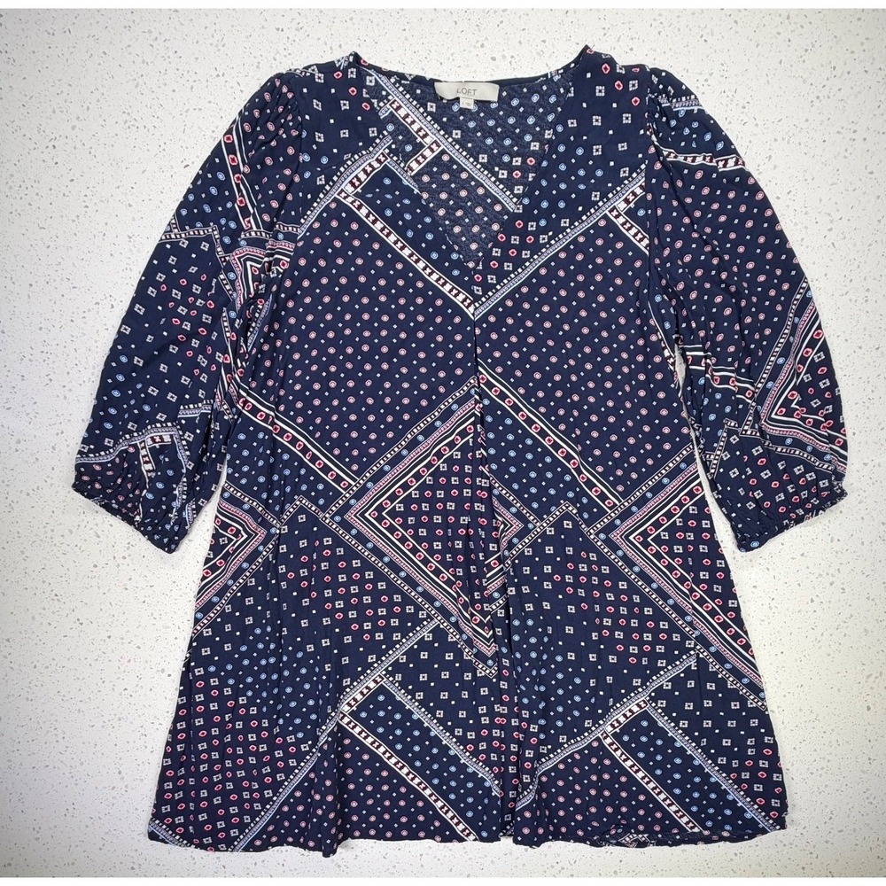 LOFT Navy Blue Bandana Geometric Print V-Neck Tunic Top 3/4 Puff Sleeve Large